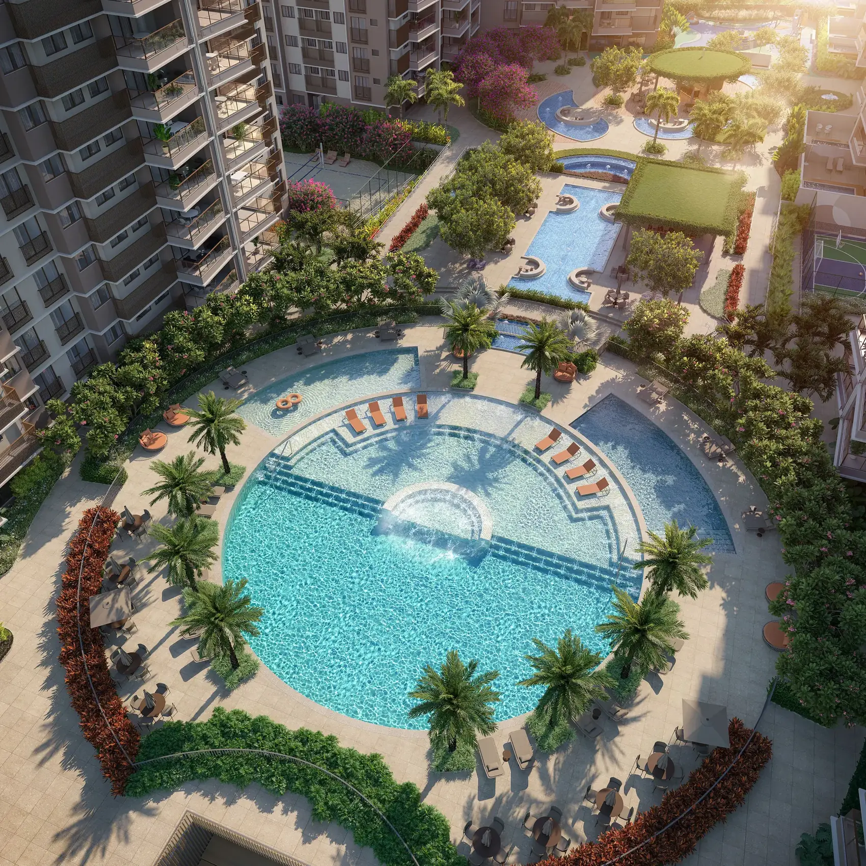 Vista aérea das piscinas e do paisagismo EDSA
