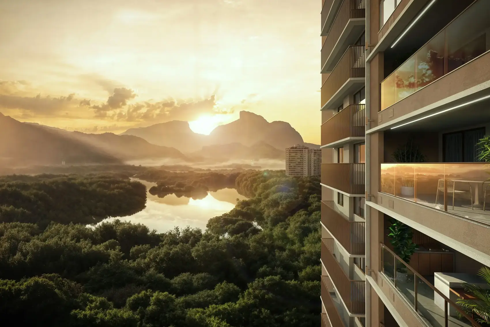 Detalhe da fachada do Edifício Pedra da Gávea com vista para a lagoa e a Pedra da Gávea
