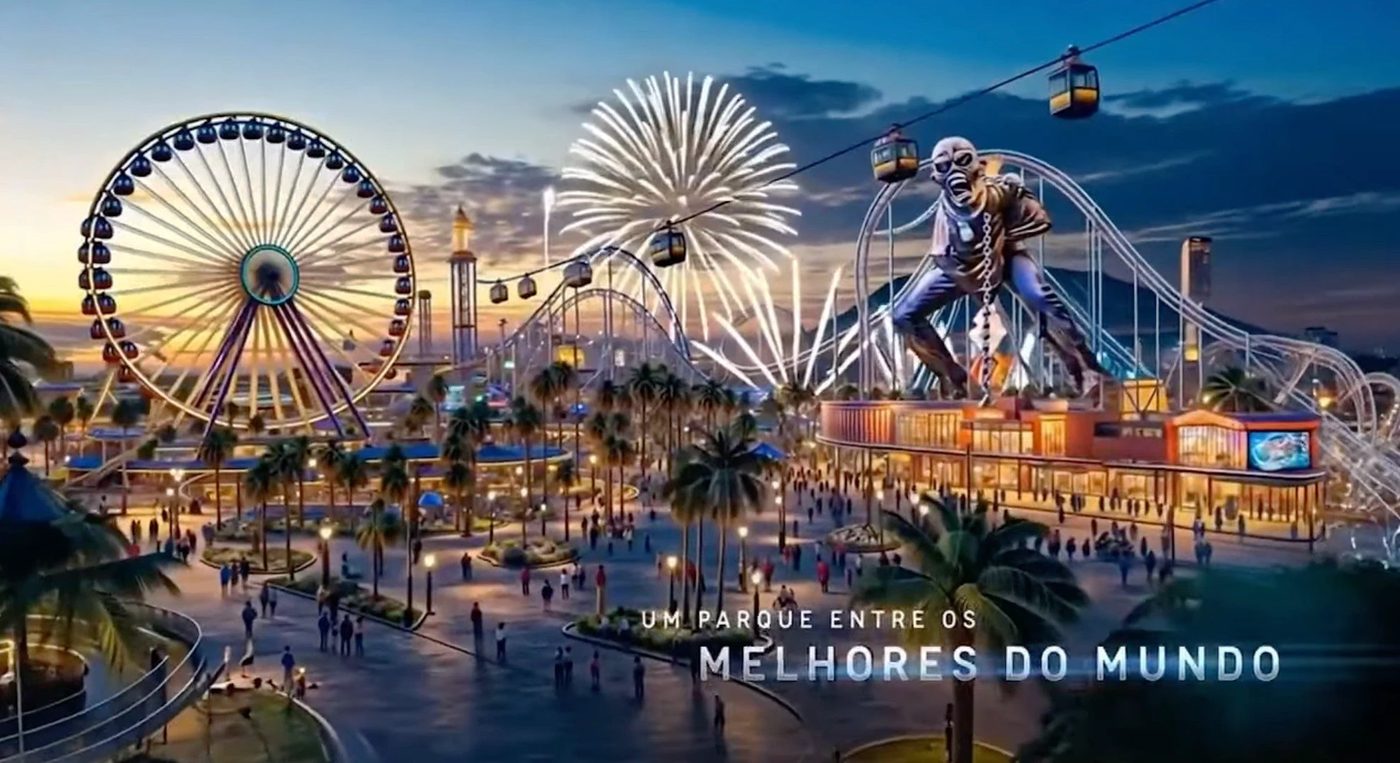 Renderização noturna do parque temático Imagine, com roda-gigante, montanha-russa e fogos
