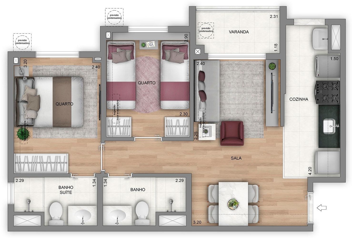 Planta ilustrativa de 2 quartos com suíte, aproximadamente 50 m²