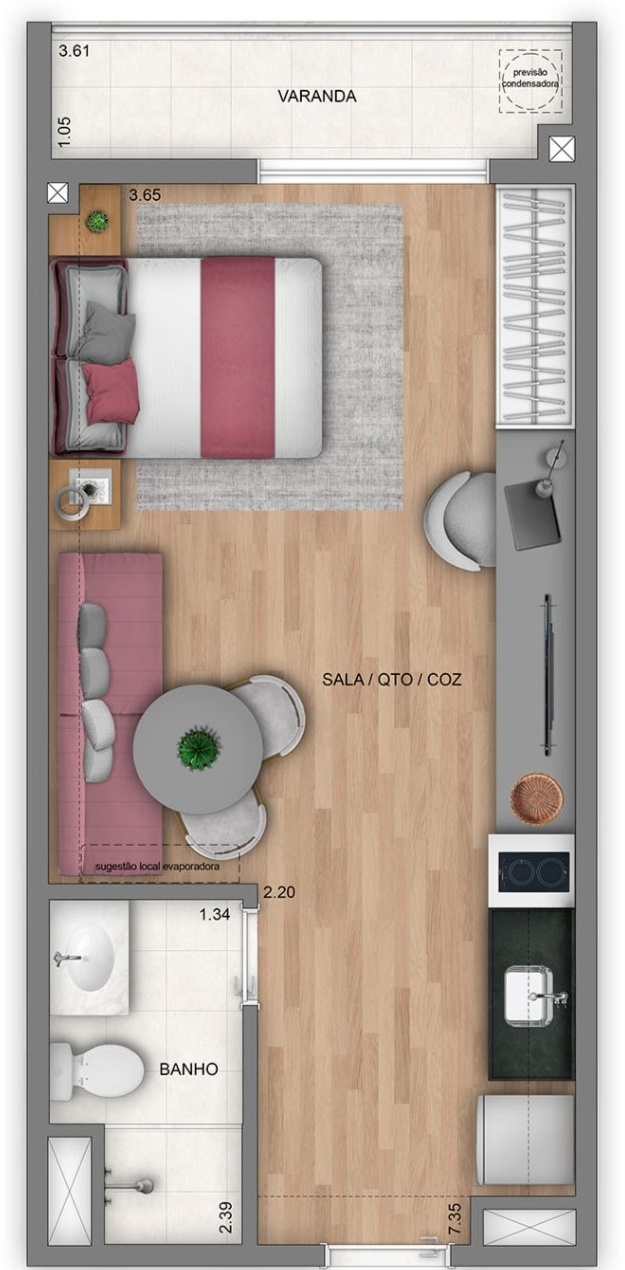 Planta ilustrativa de studio, aproximadamente 32 m²