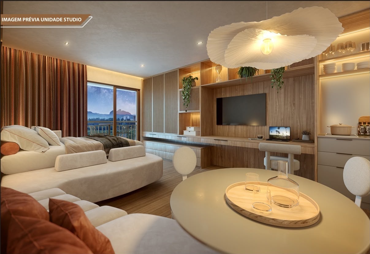 Imagem prévia da unidade studio decorada do Living Full 24h, com varanda e vista