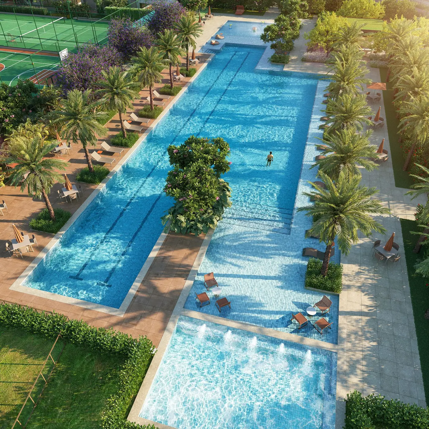 Piscinas e solário do Woods Park Design by EDSA