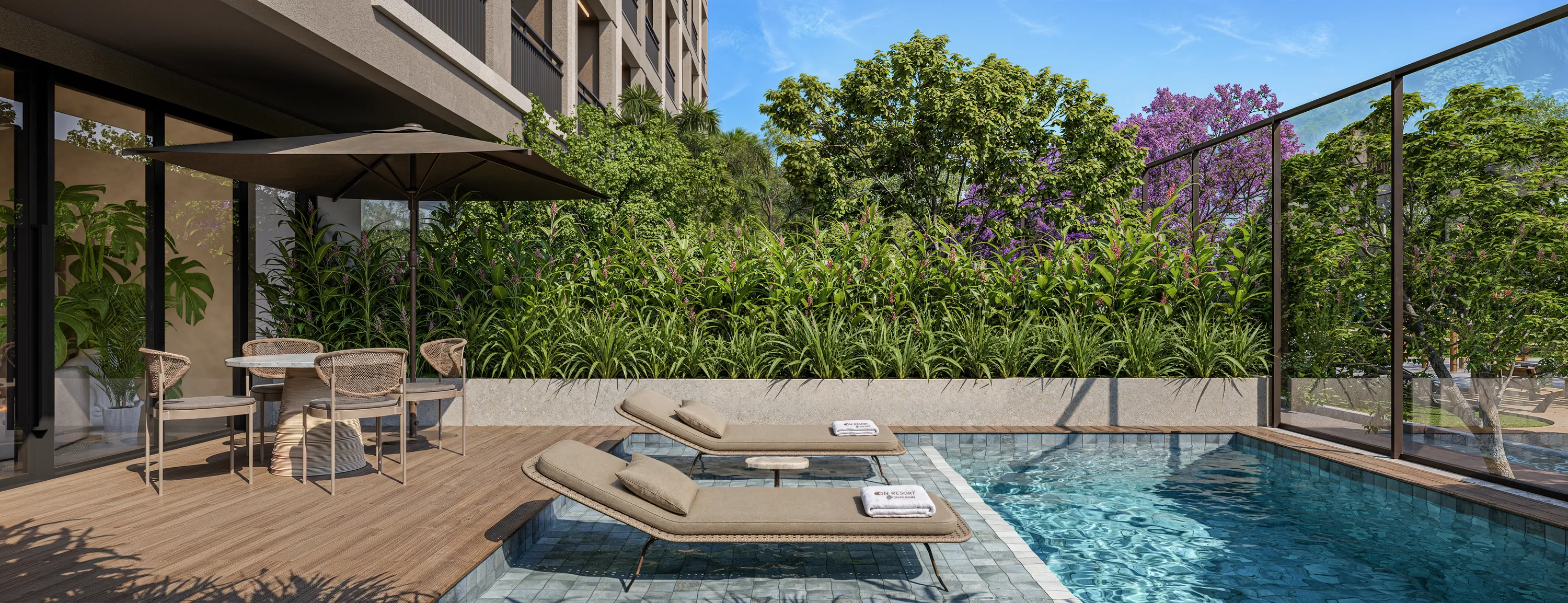 Terraço da pool house com vista para o Parque Linear | ON Resort Cidade Jardim