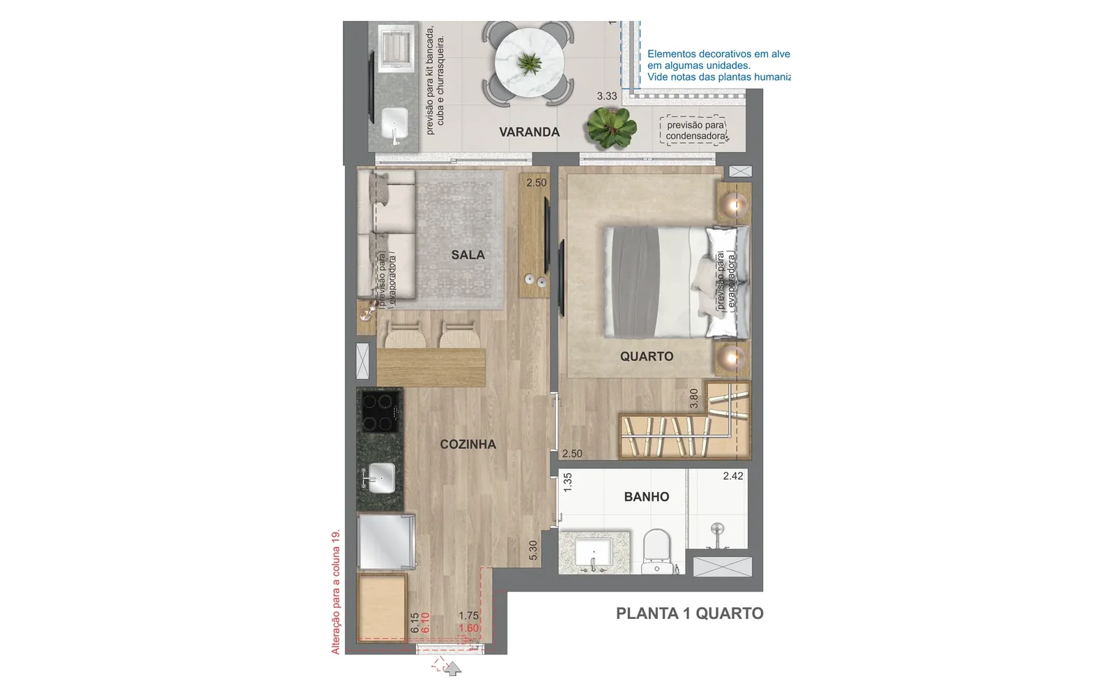 Planta Opção 1 quarto | Ed. Caribe | 40 m² | ON Resort Cidade Jardim