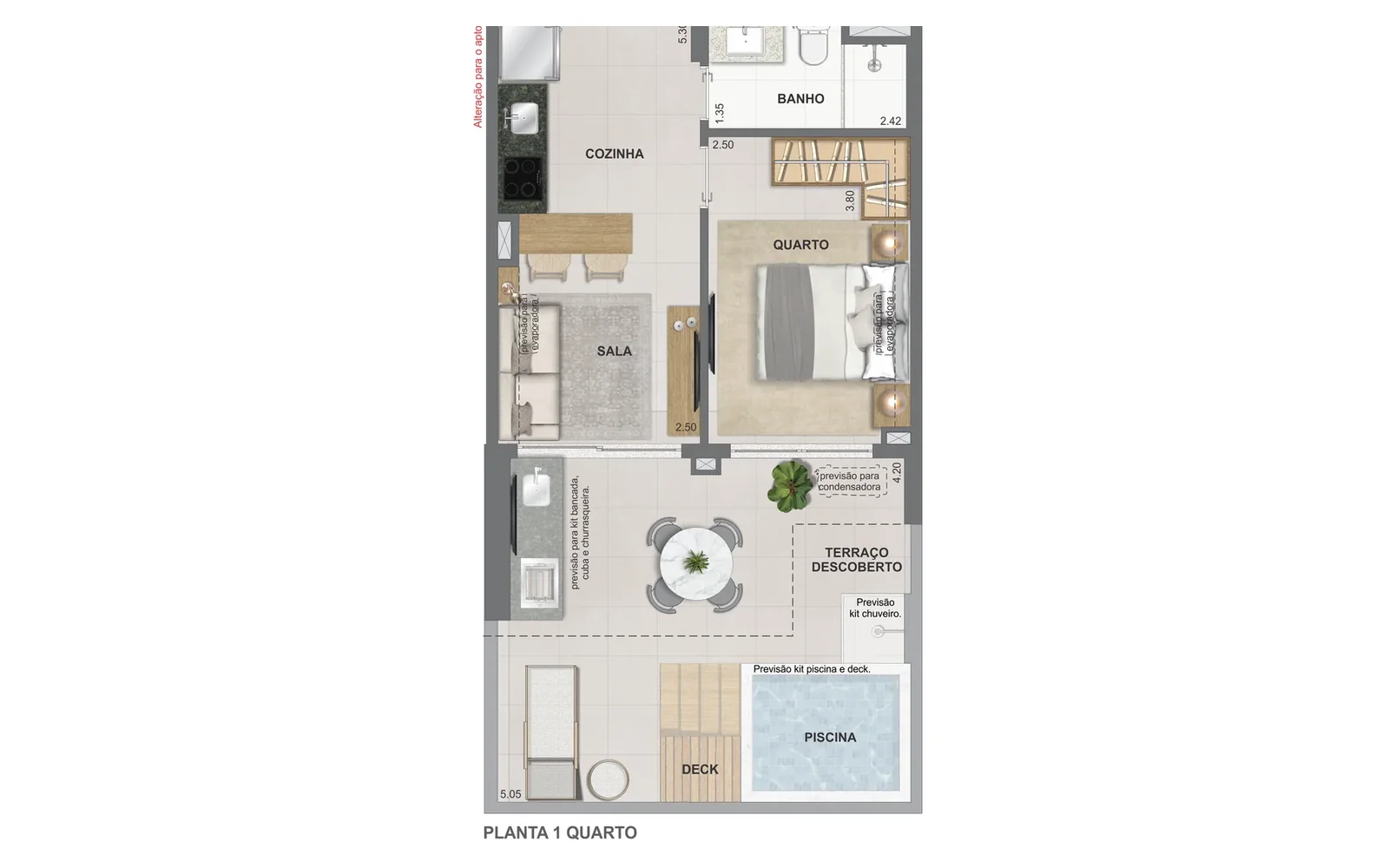 Planta Opção 1 quarto garden | Ed. Caribe | 53 m² | ON Resort Cidade Jardim