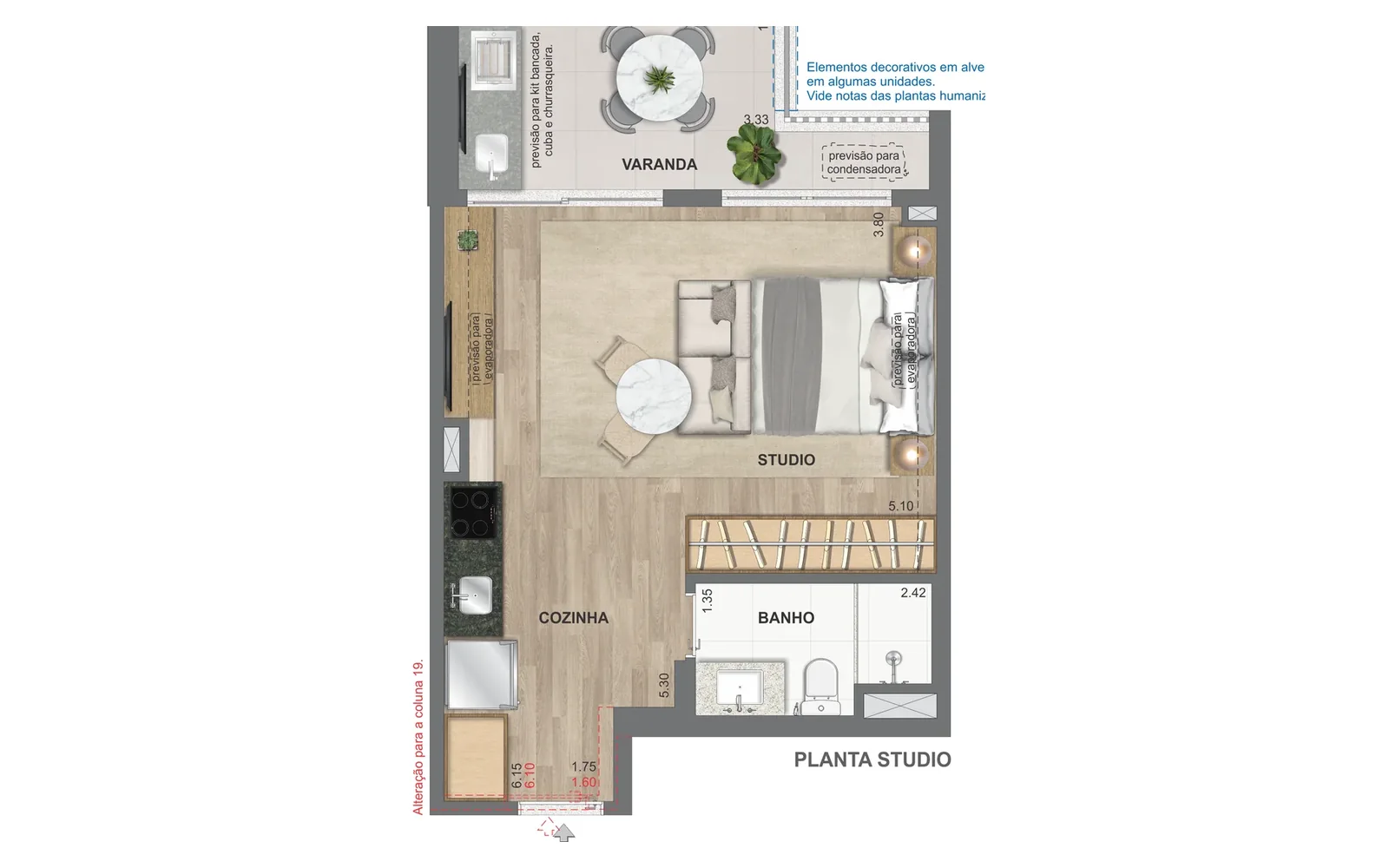 Planta Opção studio | Ed. Caribe | 40 m² | ON Resort Cidade Jardim