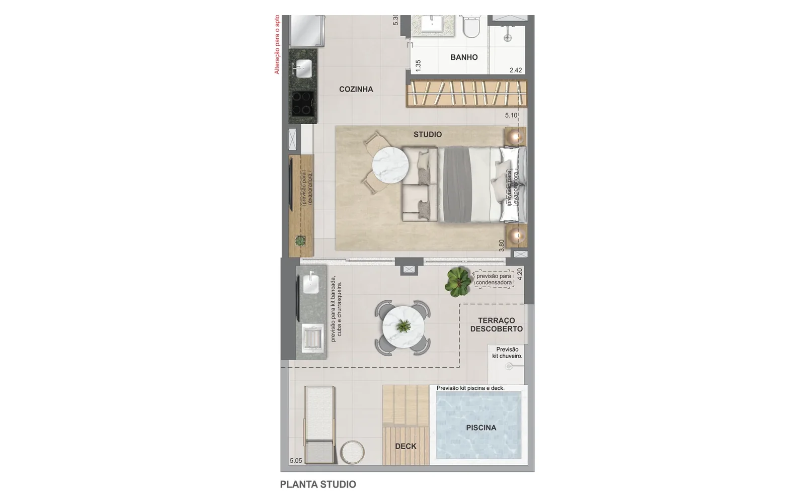Planta Opção studio garden | Ed. Caribe | 53 m² | ON Resort Cidade Jardim