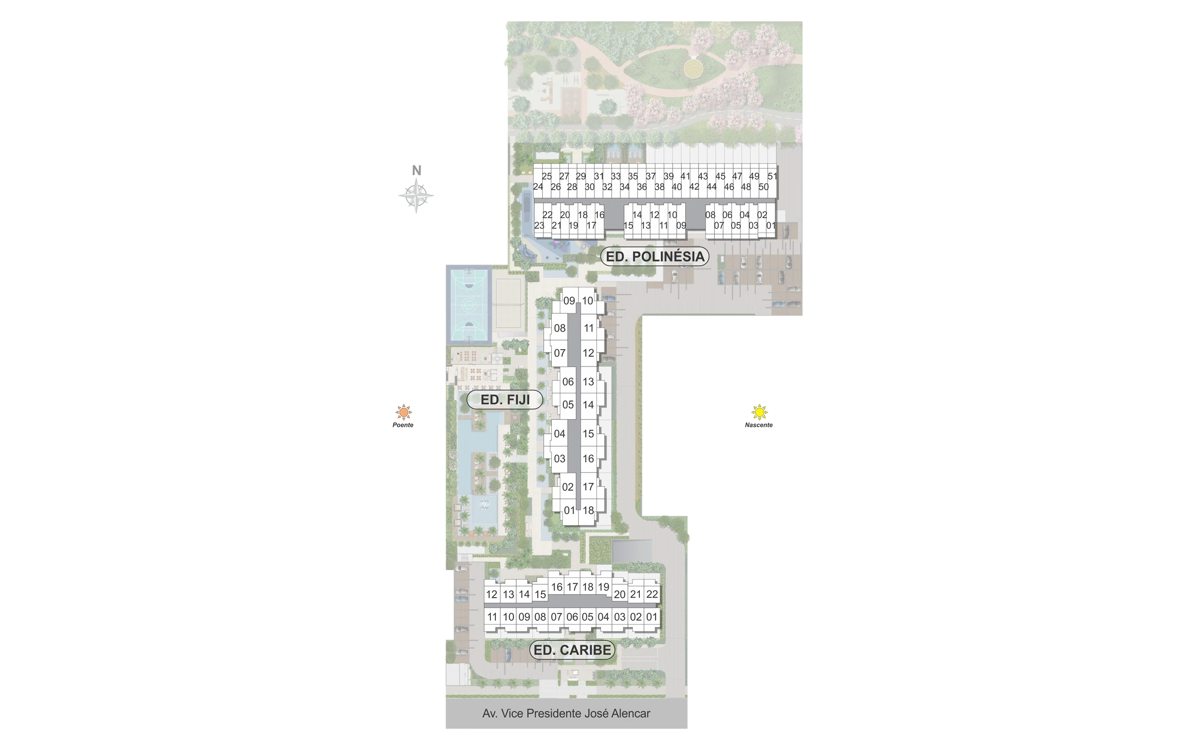 Masterplan do ON Resort Cidade Jardim com os edifícios Polinésia, Fiji e Caribe