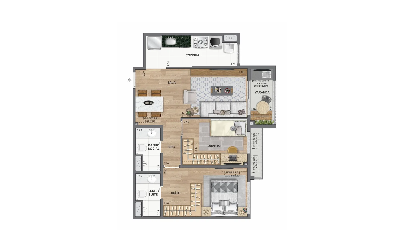 Planta 2 quartos | 63 m² | Ed. Ibiza e Miami | WE Barra by Living