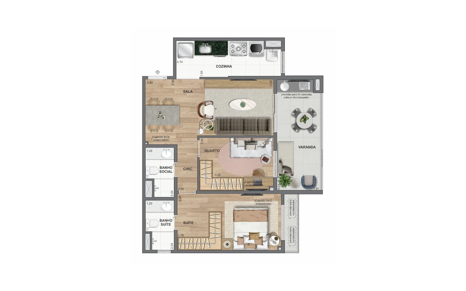 Planta 2 quartos com varanda ampla | 70 m² | Ed. Ibiza e Miami | WE Barra by Living