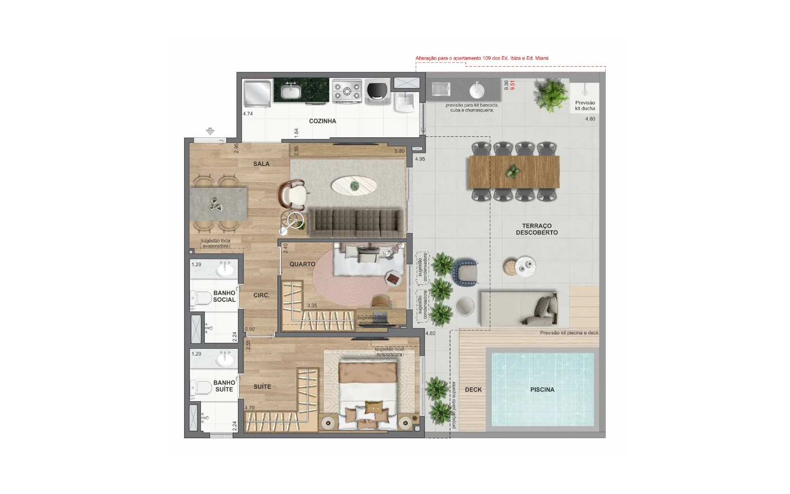 Planta Garden de 2 quartos com piscina | 106 m² | Ed. Ibiza e Miami | WE Barra by Living