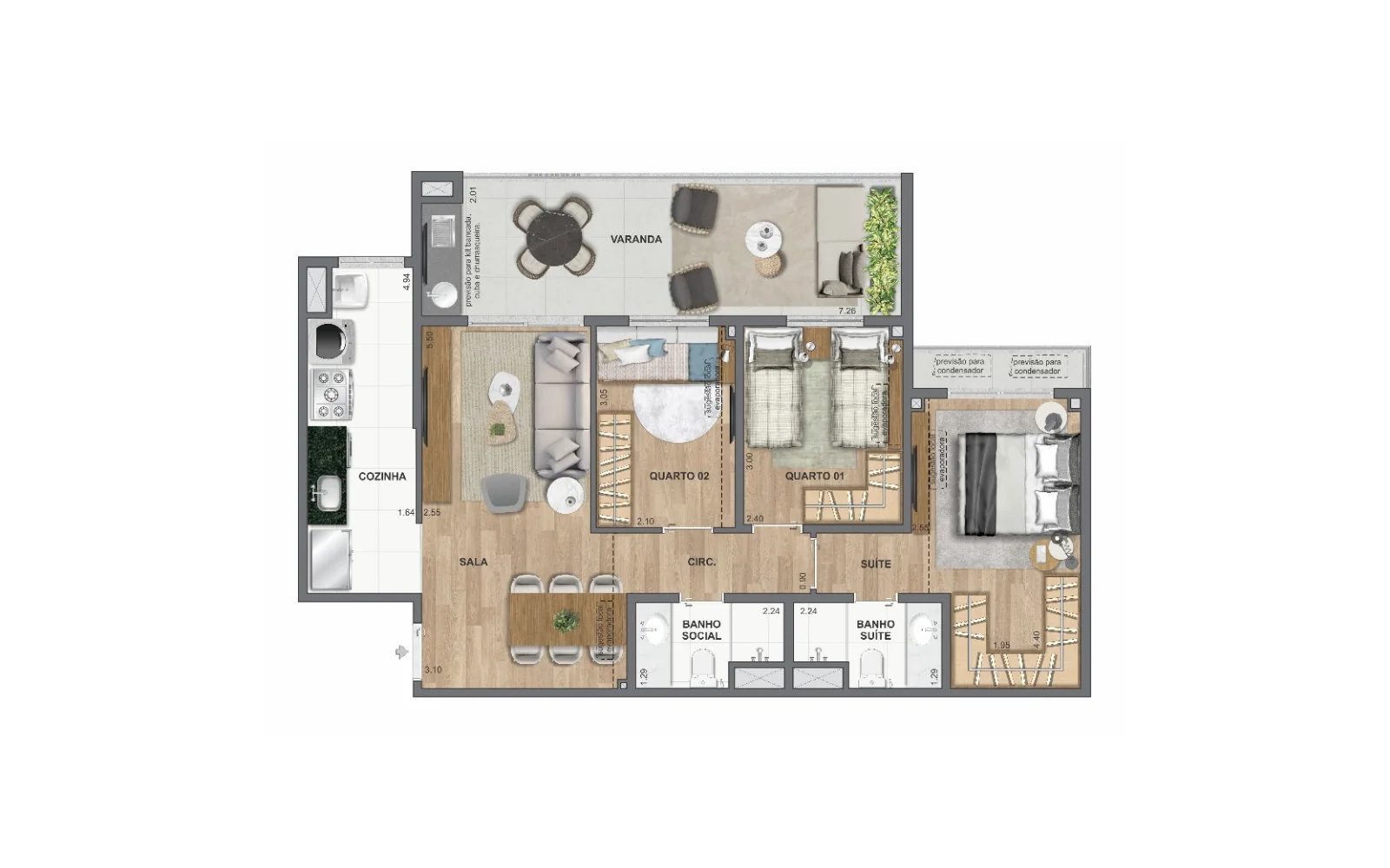 Planta 3 quartos | 83 m² | Ed. Aspen e Roma | WE Barra by Living