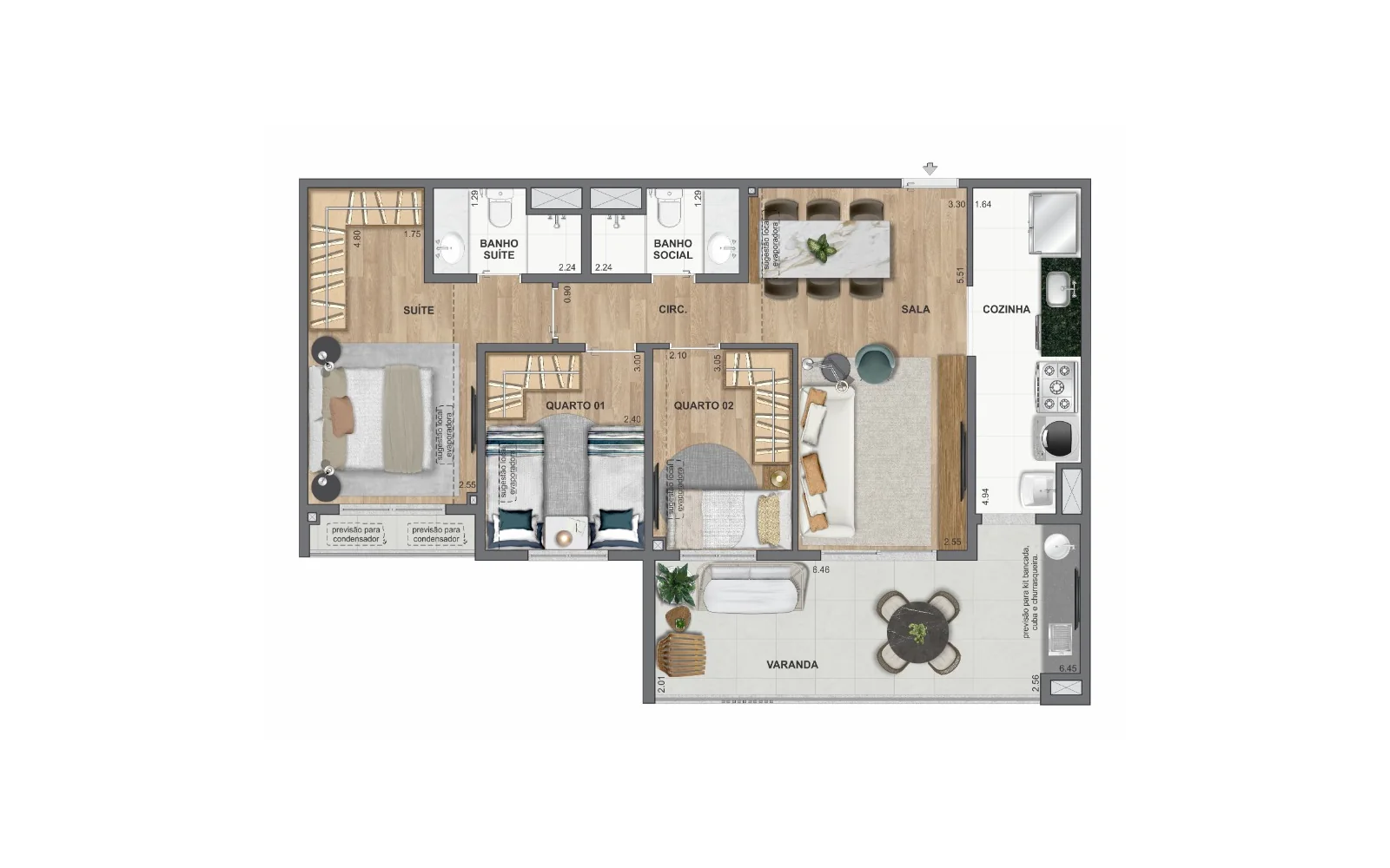 Planta 3 quartos | 84 m² | Ed. Aspen e Roma | WE Barra by Living