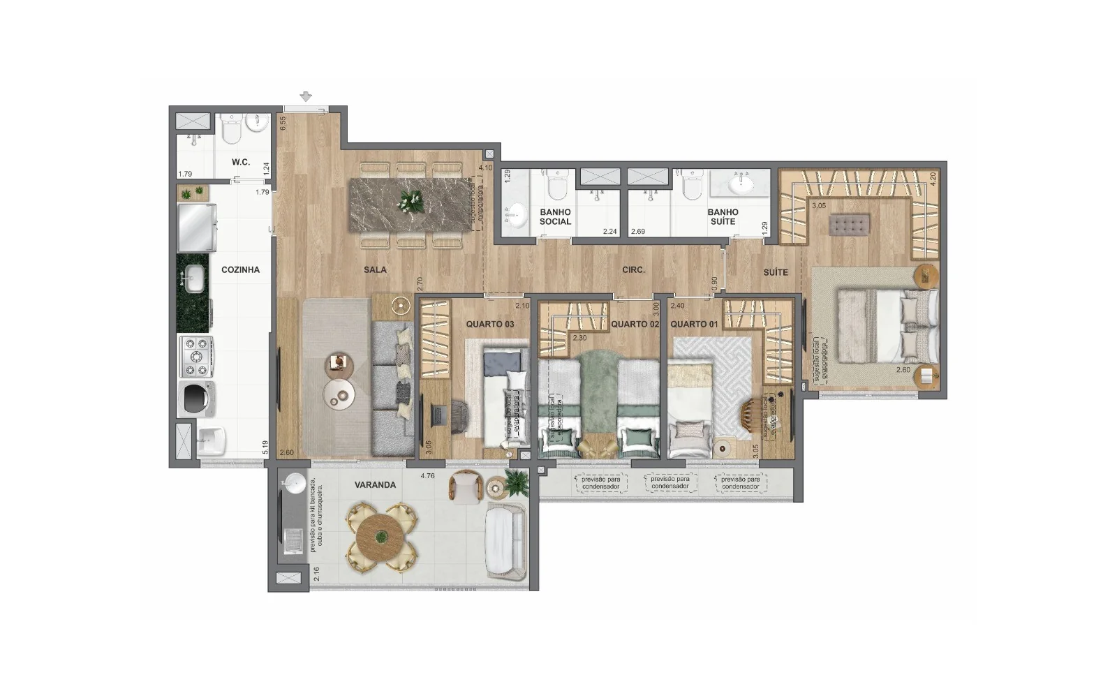 Planta 4 quartos | 100 m² | colunas 01 e 10 | Ed. Maldivas e Dubai | WE Barra by Living