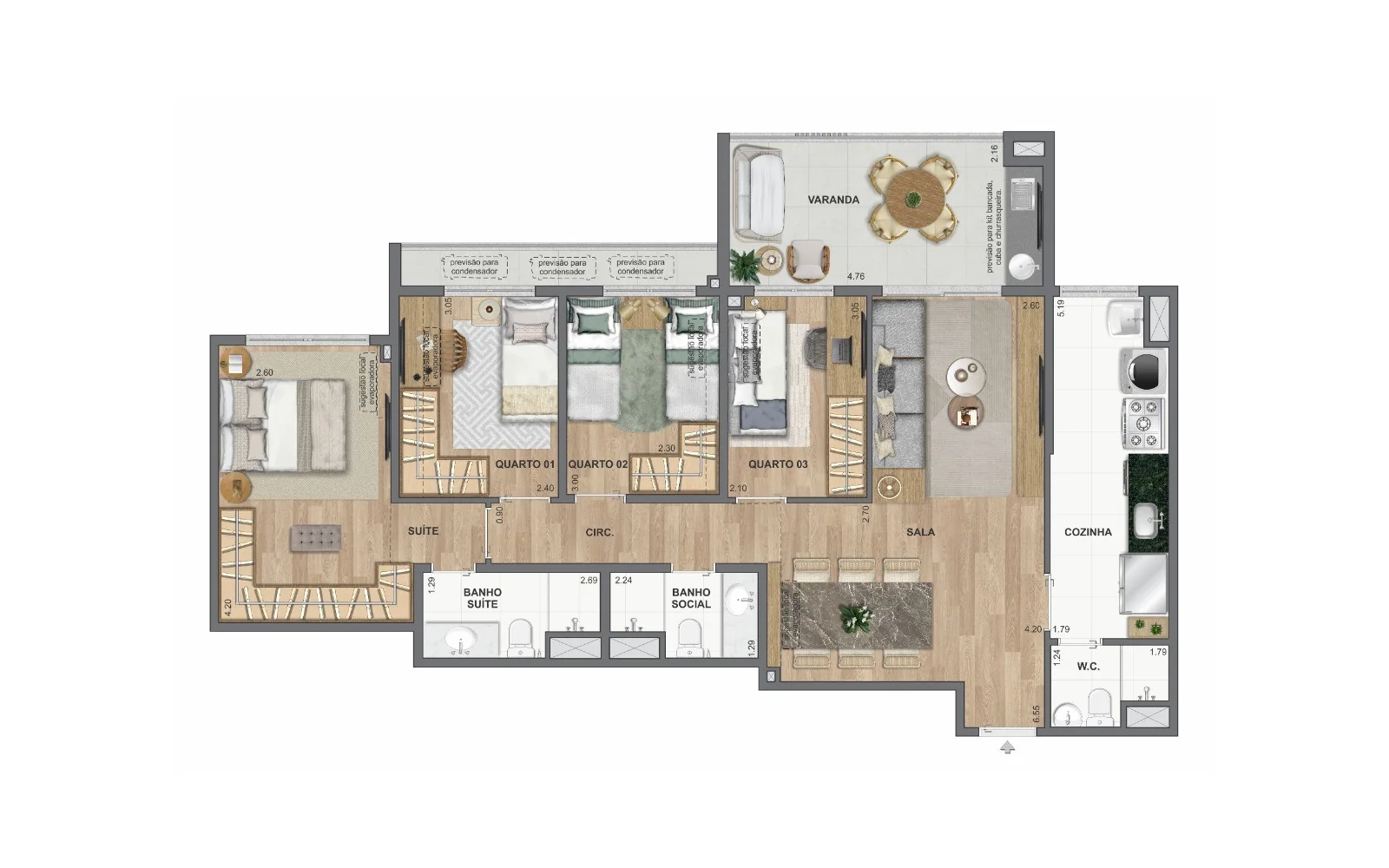Planta 4 quartos | 100 m² | colunas 04 e 05 | Ed. Maldivas e Dubai | WE Barra by Living