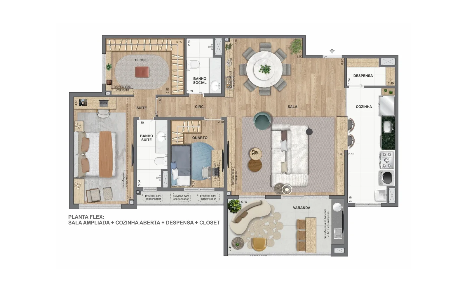 Planta Planta flex: 2 quartos com closet e despensa | 118 m² | Ed. Maldivas e Dubai | WE Barra by Living