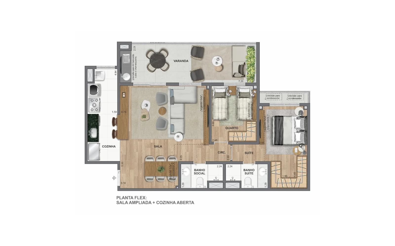 Planta Planta flex: 2 quartos com sala ampliada | 83 m² | Ed. Aspen e Roma | WE Barra by Living