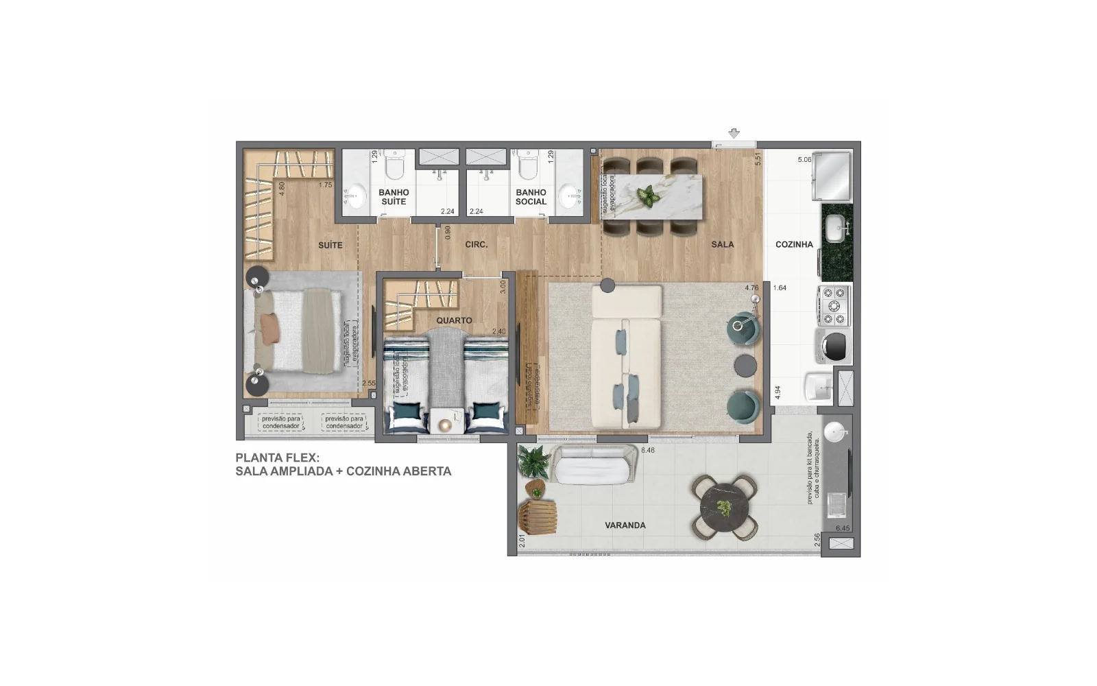 Planta Planta flex: 2 quartos com sala ampliada | 84 m² | Ed. Aspen e Roma | WE Barra by Living