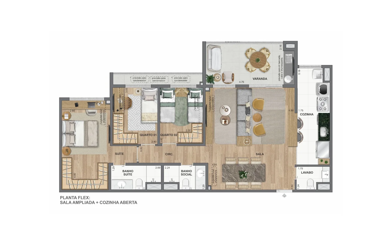 Planta Planta flex: 3 quartos com sala ampliada | 99 m² | Ed. Maldivas e Dubai | WE Barra by Living