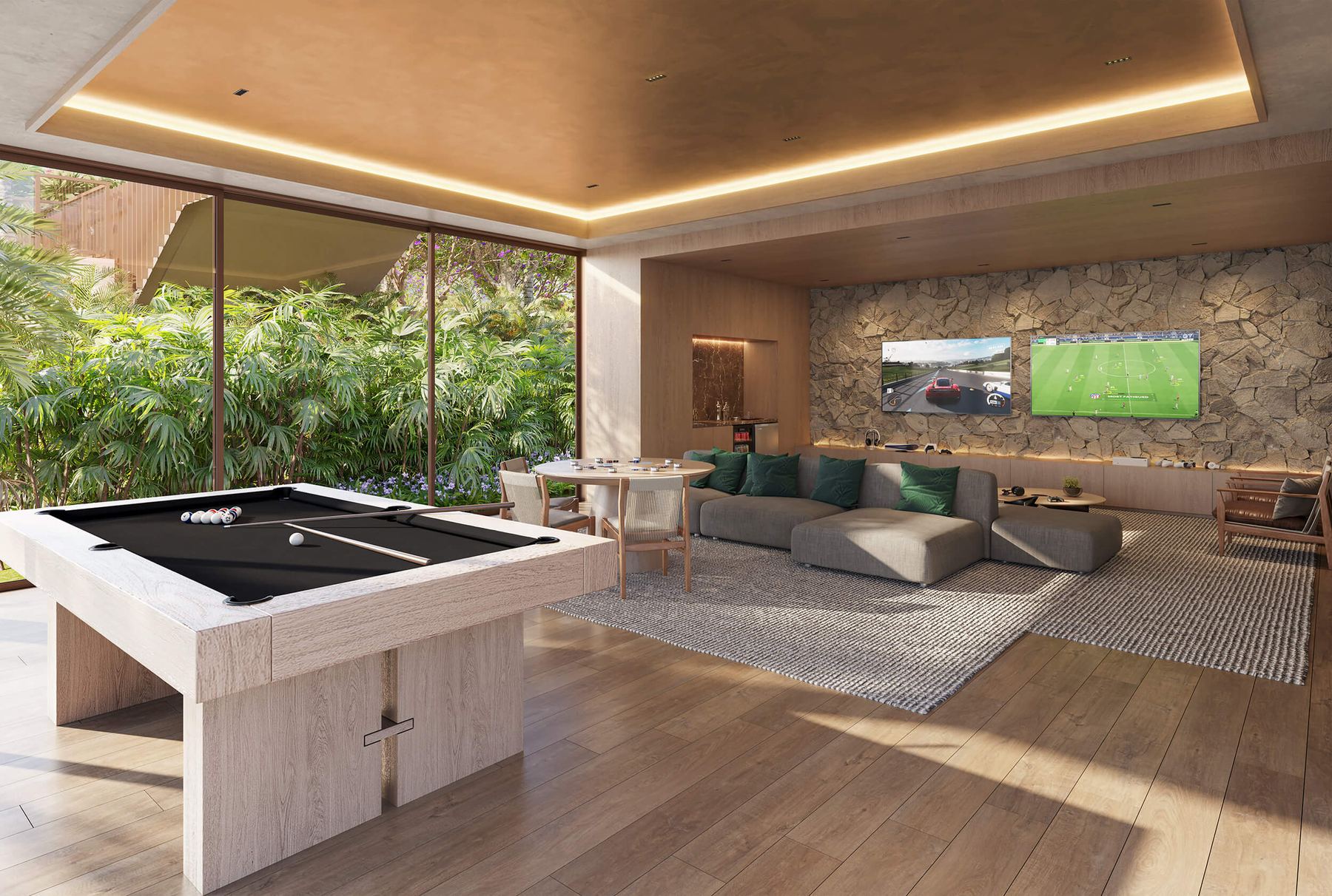 Espaço gourmet com sala de jogos e sinuca