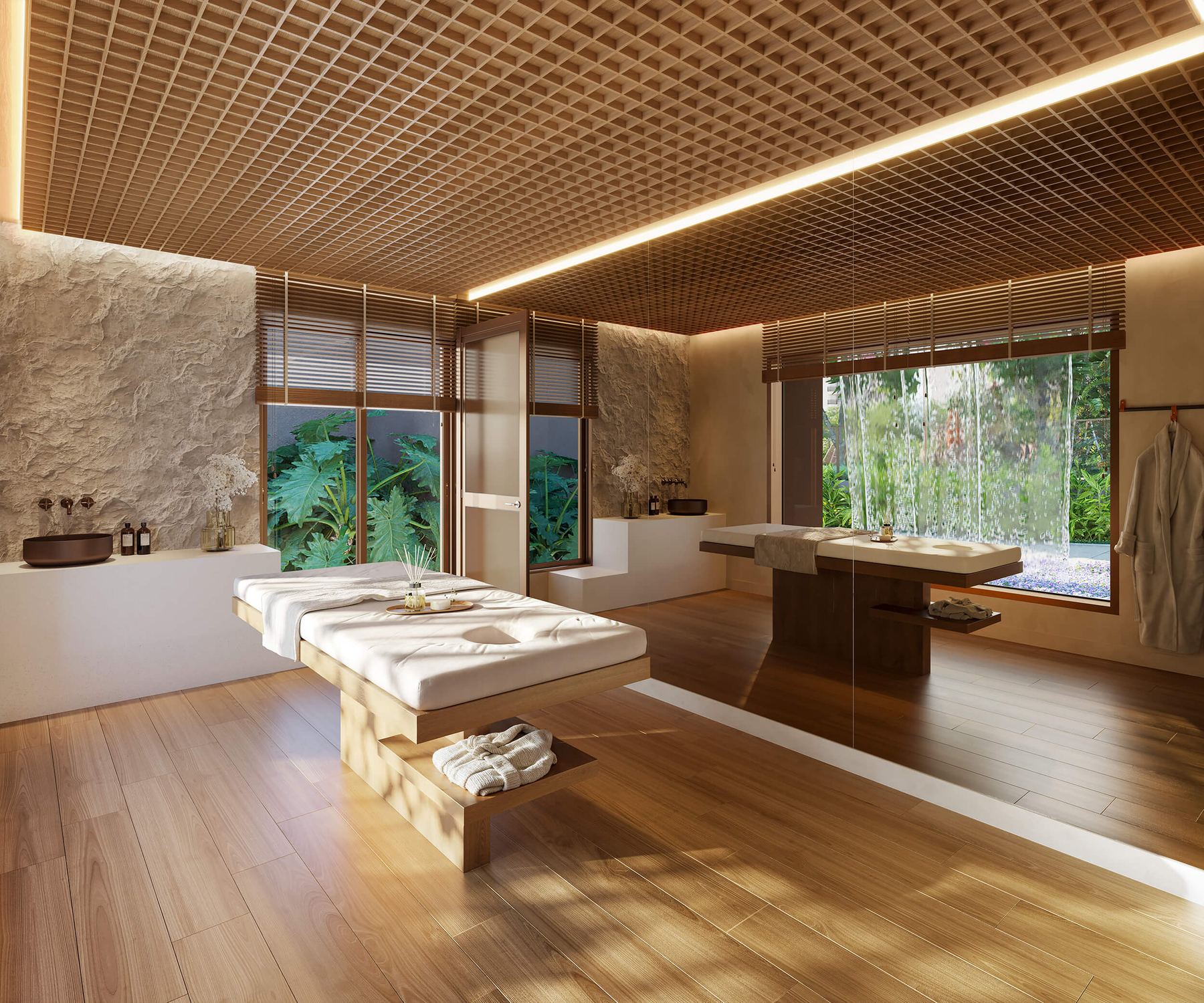 Spa com sala de massagem e parede d'água