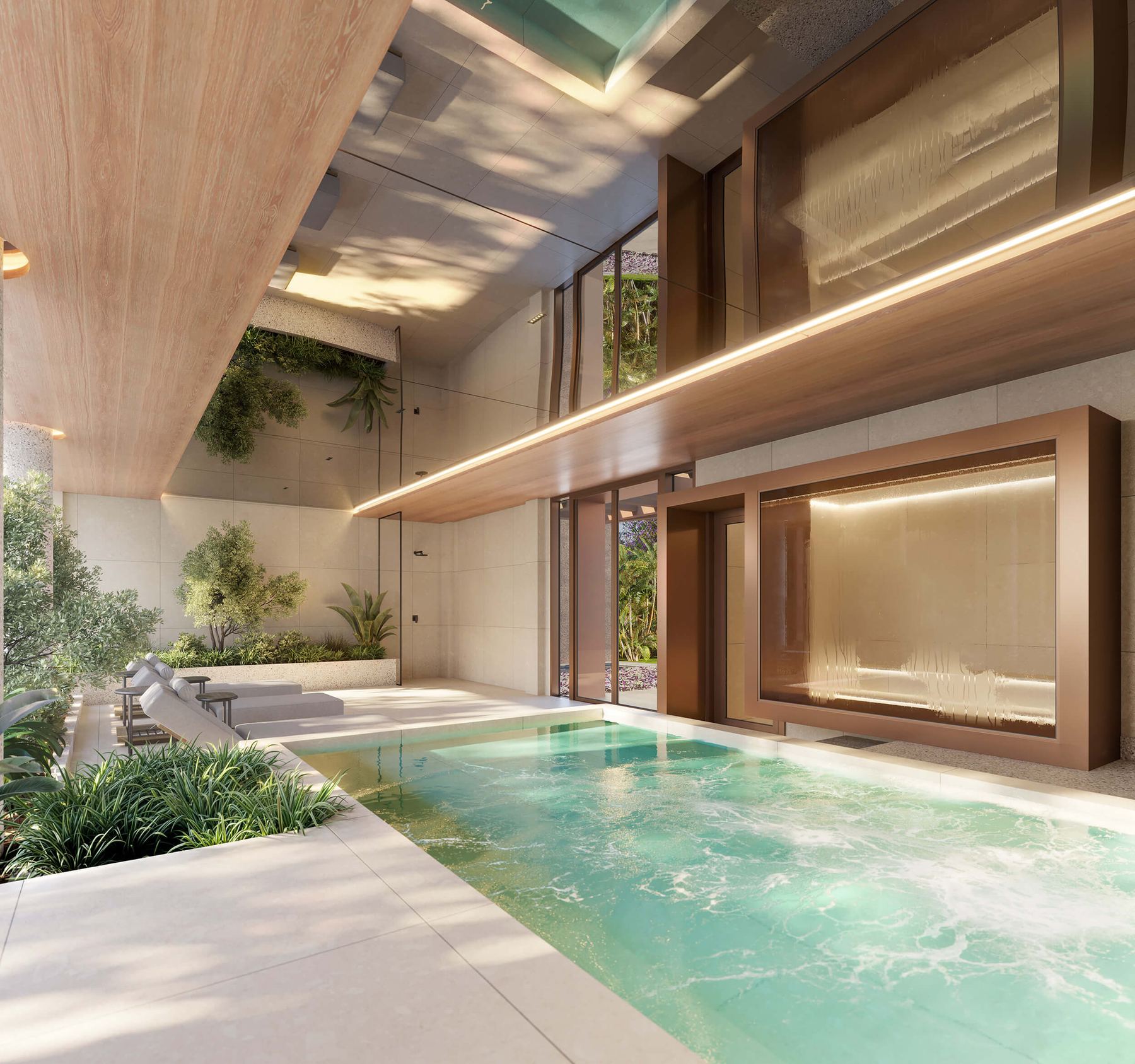 Piscina com borda molhada, deck e parede d'água